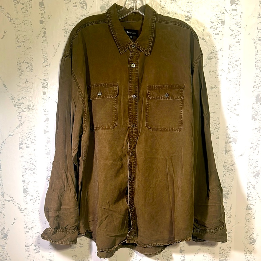 True Grit Mens Shirt Tencel Long Sleeve Olive Button Front Size XL